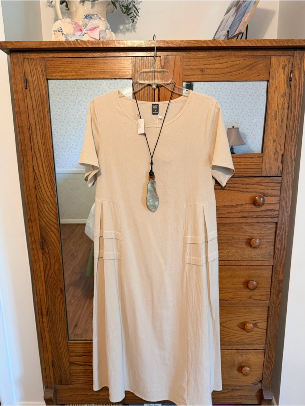 Side Pleated M Beige Maxi Dress